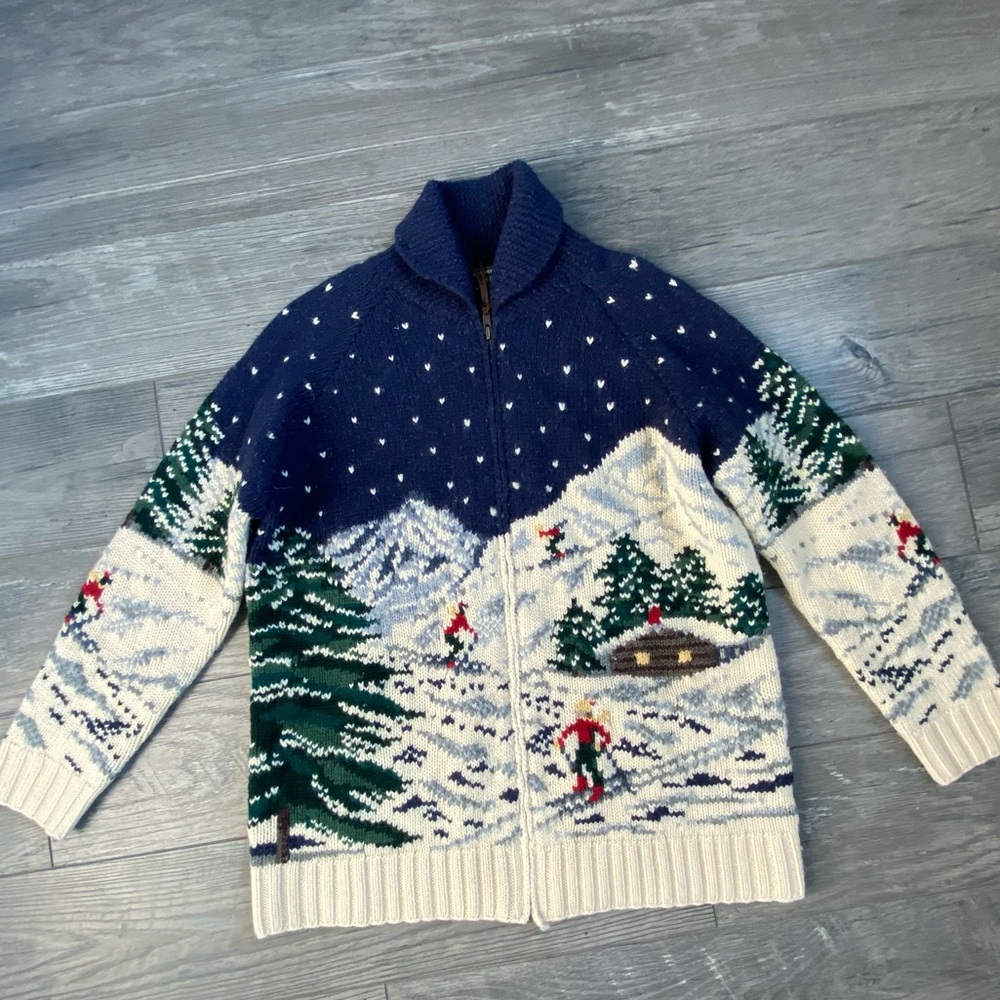 Vintage hand knit holiday sweater Ralph Lauren STUNNING! Mens Small Ski elk deer